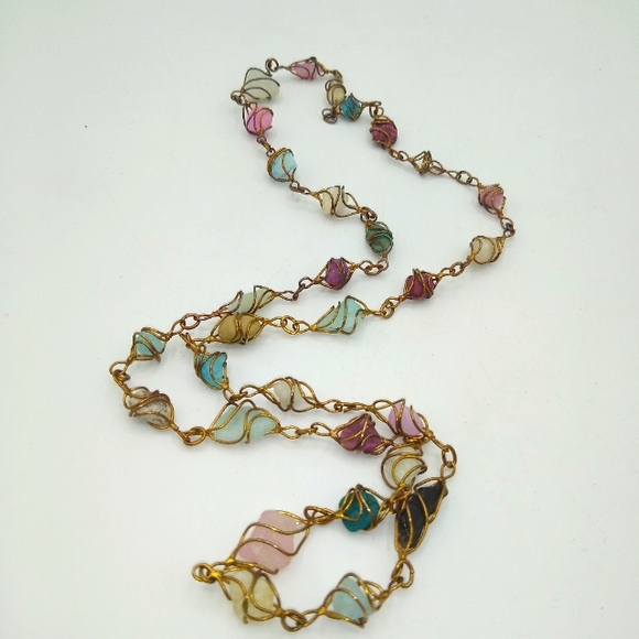 Vintage 1960s Artisan Handmade Wire Wrapped Semi Precious Stone Cage Necklace - Picture 7 of 7